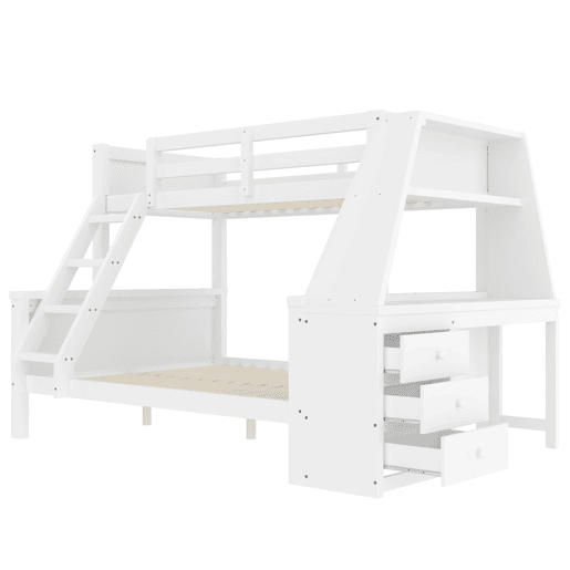 Beliche 90x200 cm + 140x200 cm - Com mesa, grande espaço de arrumação, grade alta, posição da escada opcional - Branco