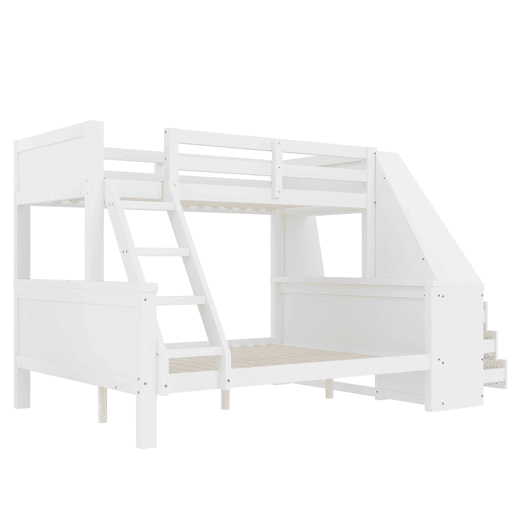 Beliche 90x200 cm + 140x200 cm - Com mesa, grande espaço de arrumação, grade alta, posição da escada opcional - Branco