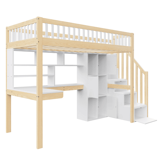 Cama alta 90x200 cm - Com luzes LED, estante, secretária, sem colchão - Branco+Natural