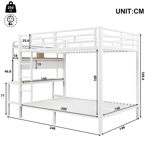 Cama alta 140x200 cm - Estrutura metálica, secretária, LED, USB, com grade de proteção, sem colchão - Branco