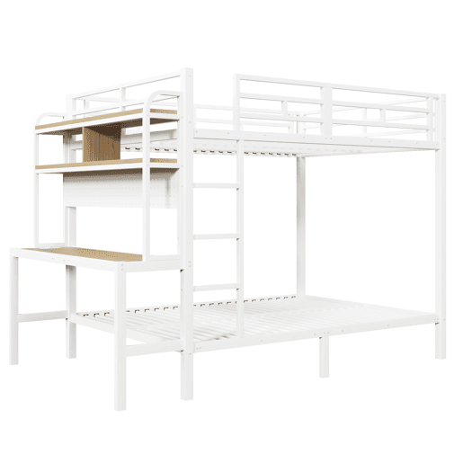 Cama alta 140x200 cm - Estrutura metálica, secretária, LED, USB, com grade de proteção, sem colchão - Branco