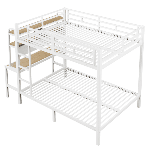 Cama alta 140x200 cm - Estrutura metálica, secretária, LED, USB, com grade de proteção, sem colchão - Branco