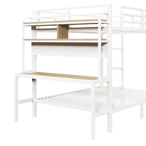 Cama alta 140x200 cm - Estrutura metálica, secretária, LED, USB, com grade de proteção, sem colchão - Branco
