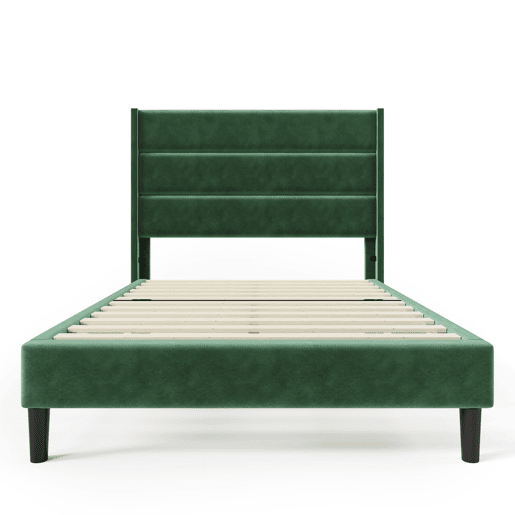Cama estofada 90x200 cm - Com estrado e cabeceira, design moderno, verde escuro