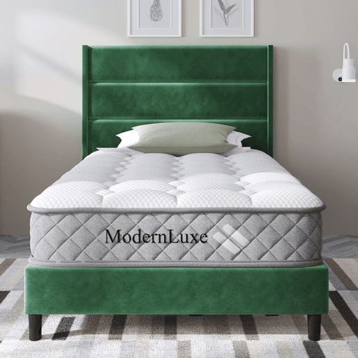 Cama estofada 90x200 cm - Com estrado e cabeceira, design moderno, verde escuro