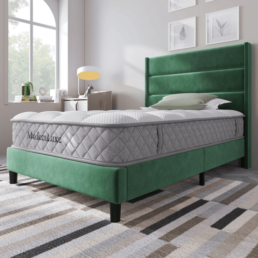 Cama estofada 90x200 cm - Com estrado e cabeceira, design moderno, verde escuro
