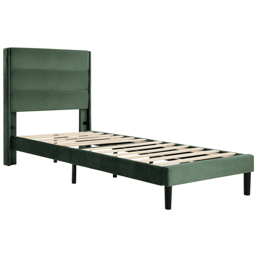 Cama estofada 90x200 cm - Com estrado e cabeceira, design moderno, verde escuro