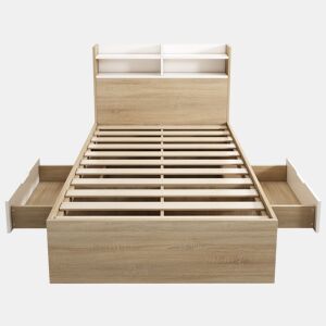 Cama individual 90x200 - 2 gavetas, prateleiras, cabeceira com arrumação, madeira parcial - BrancoCarvalho