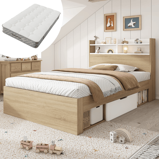 Cama individual 90x200 - 2 gavetas, prateleiras, cabeceira com arrumação, madeira parcial - BrancoCarvalho