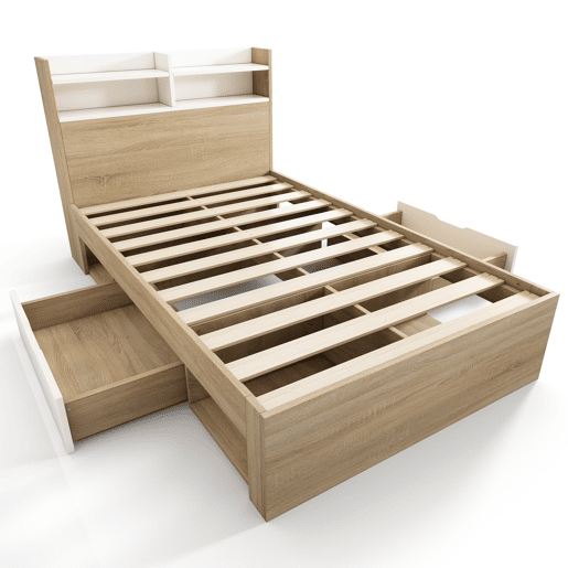 Cama individual 90x200 - 2 gavetas, prateleiras, cabeceira com arrumação, madeira parcial - BrancoCarvalho