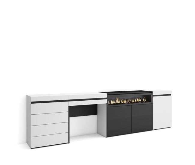 Aparador | con almacenamiento | 277x75x35 cm | dormitorio, habitación | chimenea eléctrica | cómoda, cajonera | tocador | estilo moderno | blanco