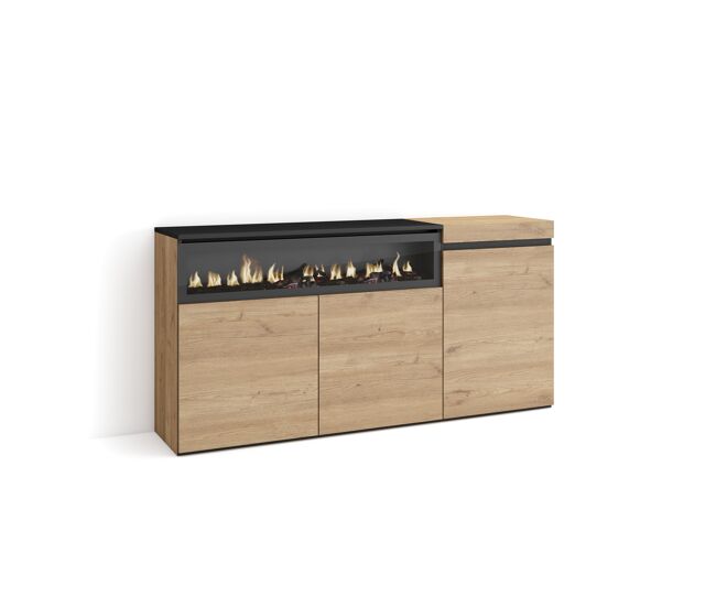 Aparadores para salón | gran capacidad de almacenaje | 150x75x35cm | 3 puertas | chimenea eléctrica | estilo moderno | roble y negro