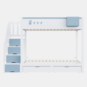 Cama beliche infantil 90x200 cm - Com motivos de coelhos e cenouras, escada segura, gavetas, branco e azul