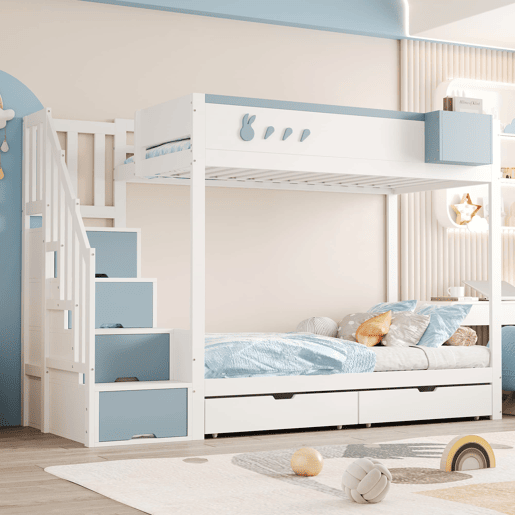 Cama beliche infantil 90x200 cm - Com motivos de coelhos e cenouras, escada segura, gavetas, branco e azul