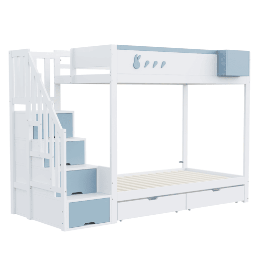 Cama beliche infantil 90x200 cm - Com motivos de coelhos e cenouras, escada segura, gavetas, branco e azul