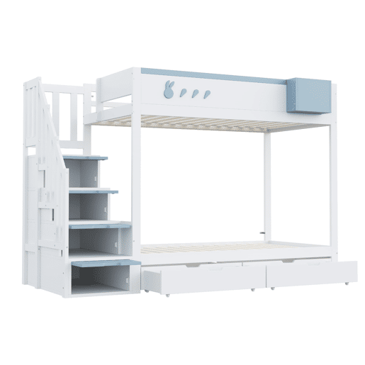 Cama beliche infantil 90x200 cm - Com motivos de coelhos e cenouras, escada segura, gavetas, branco e azul