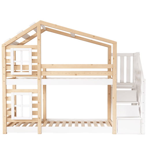 Cama infantil 90x200 cm - Estilo casinha, com arrumação e grade de segurança - Natural e branco