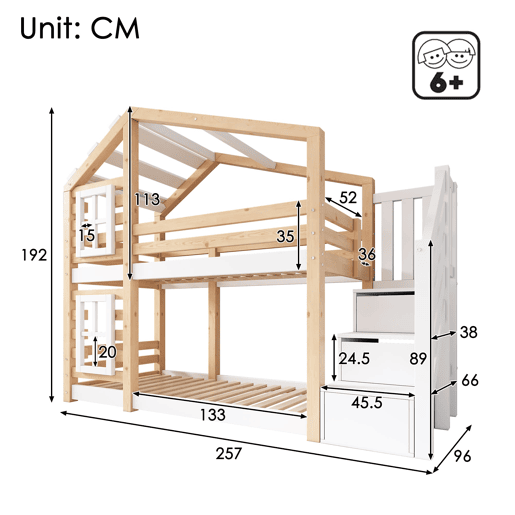 Cama infantil 90x200 cm - Estilo casinha, com arrumação e grade de segurança - Natural e branco