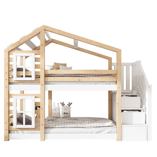 Cama infantil 90x200 cm - Estilo casinha, com arrumação e grade de segurança - Natural e branco