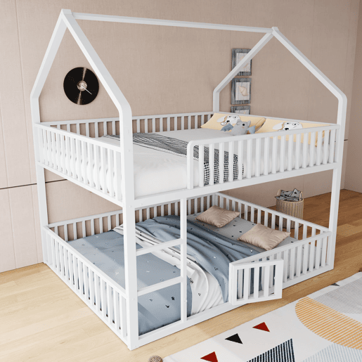 Cama beliche infantil 140x200 - com escada, design loft, cama inferior com porta, branca
