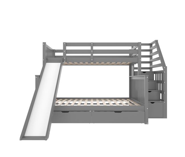 Cama literas 90x200 - con cajones, almacenamiento y tobogán, multifuncional, gris
