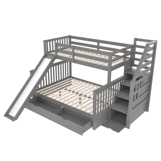 Cama beliche 90x200 - Com gavetas, arrumação e escorrega, multifuncional, cinzenta