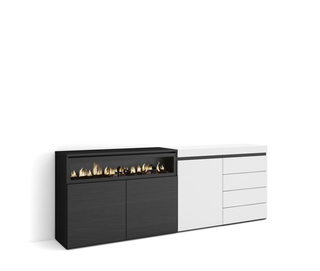 Aparador | con almacenamiento | 207x75x35 cm | dormitorio, habitación | chimenea eléctrica | cómoda, cajonera | estilo moderno | blanco