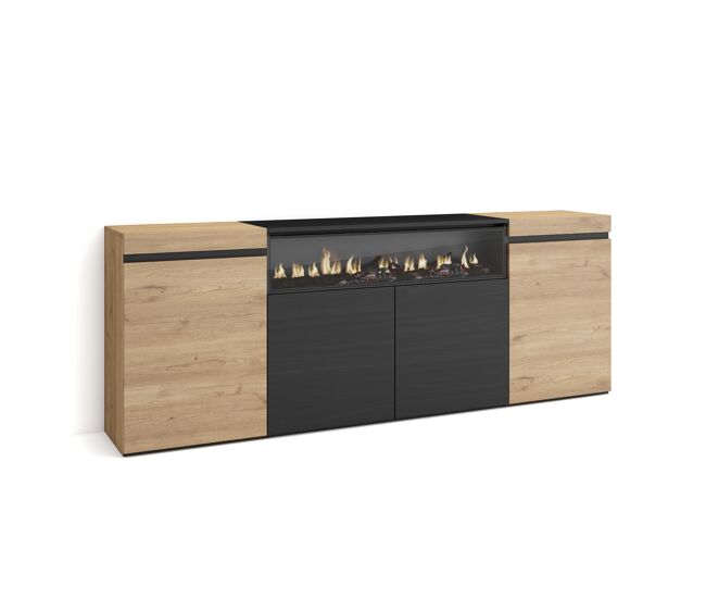 Aparadores para salón | gran capacidad de almacenaje | 200x75x35cm | 4 puertas | chimenea eléctrica | estilo moderno | roble y negro