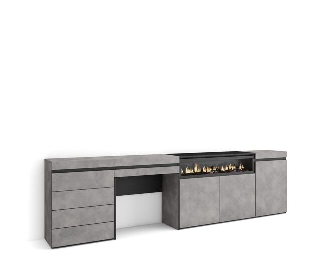 Aparador | con almacenamiento | 277x75x35 cm | dormitorio, habitación | chimenea eléctrica | cómoda, cajonera | tocador | estilo moderno | cemento