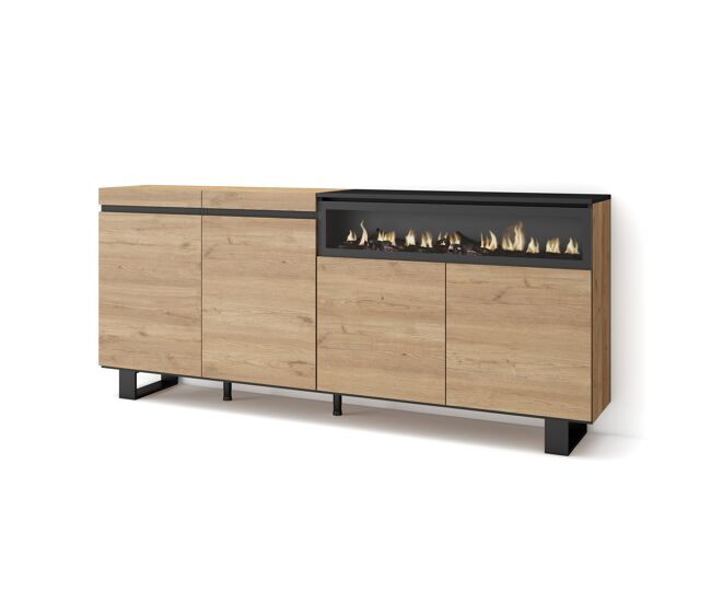 Aparadores para salón | gran capacidad de almacenaje | 200x87x35cm | 4 puertas | chimenea eléctrica | diseño industrial | estilo moderno | roble y