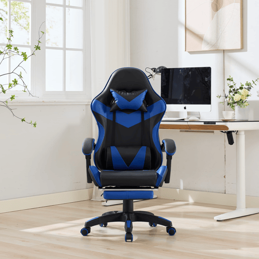 Cadeira Gaming Ergonómica - Design Racing, Giratória 360°, Apoio para os pés, Apoio para a cabeça, Preto e Azul
