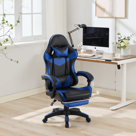 Cadeira Gaming Ergonómica - Design Racing, Giratória 360°, Apoio para os pés, Apoio para a cabeça, Preto e Azul