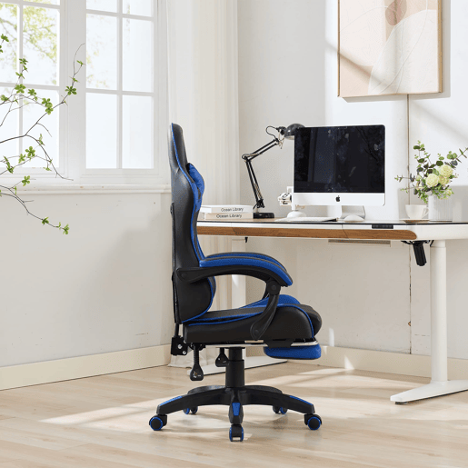 Cadeira Gaming Ergonómica - Design Racing, Giratória 360°, Apoio para os pés, Apoio para a cabeça, Preto e Azul