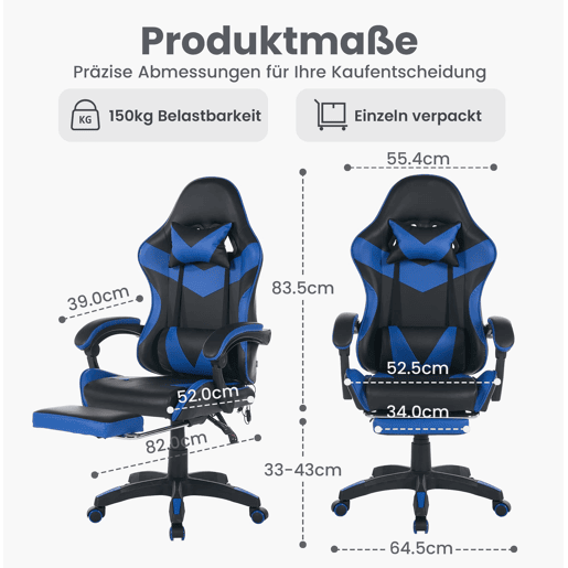 Cadeira Gaming Ergonómica - Design Racing, Giratória 360°, Apoio para os pés, Apoio para a cabeça, Preto e Azul