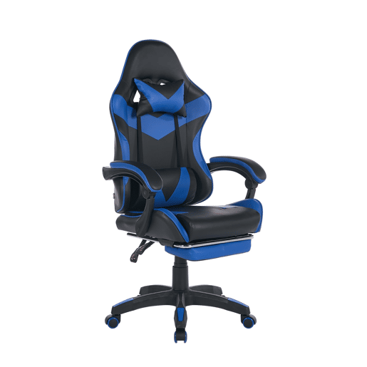 Cadeira Gaming Ergonómica - Design Racing, Giratória 360°, Apoio para os pés, Apoio para a cabeça, Preto e Azul