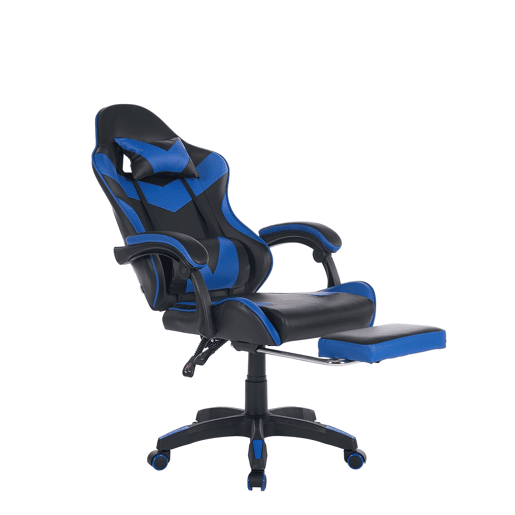Cadeira Gaming Ergonómica - Design Racing, Giratória 360°, Apoio para os pés, Apoio para a cabeça, Preto e Azul
