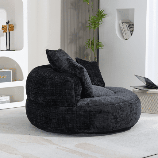 Sofá individual - Lazy Lounger com encosto alto e 3 almofadas - Chenille preta