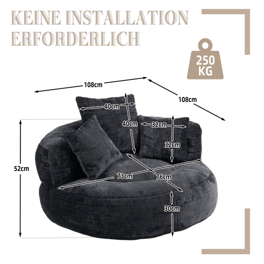 Sofá individual - Lazy Lounger com encosto alto e 3 almofadas - Chenille preta