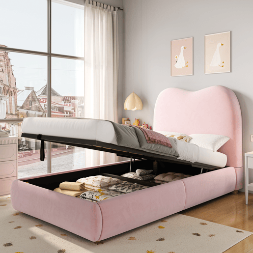 Cama com armazenamento,cama de criança,cama de solteiro de veludo 90x200 cm,rosa