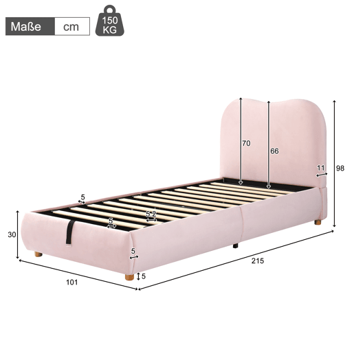 Cama com armazenamento,cama de criança,cama de solteiro de veludo 90x200 cm,rosa