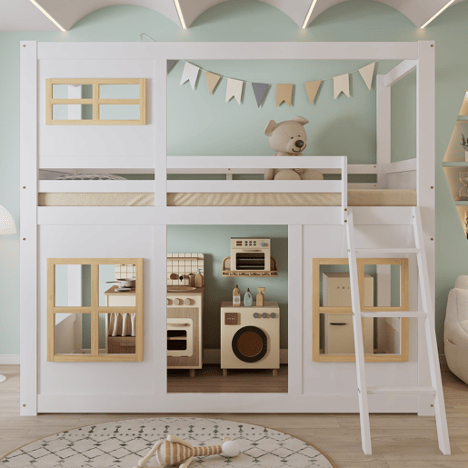 Beliche infantil 90x200 cm - Com janelas, escada estável, cerca em 4 lados - Branco+Natural