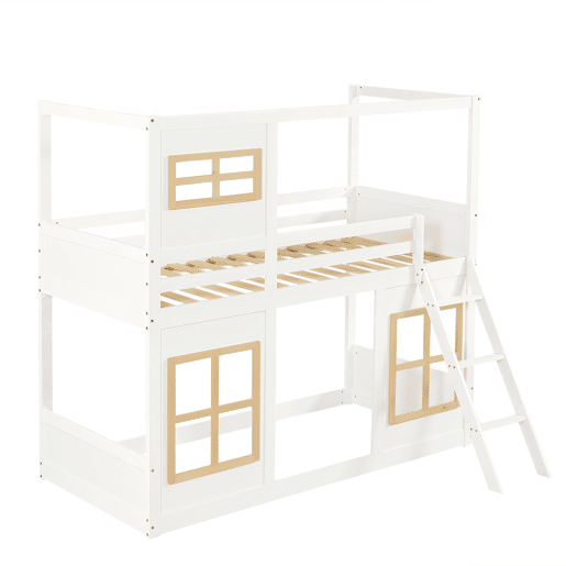 Beliche infantil 90x200 cm - Com janelas, escada estável, cerca em 4 lados - Branco+Natural
