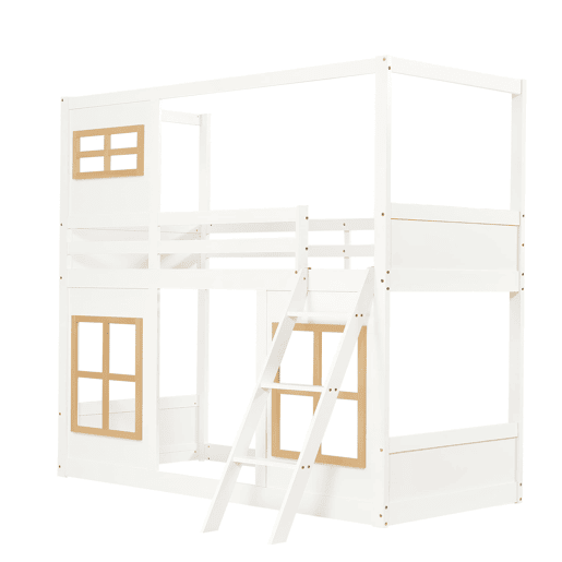 Beliche infantil 90x200 cm - Com janelas, escada estável, cerca em 4 lados - Branco+Natural