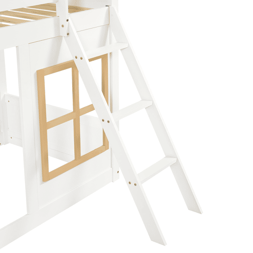 Beliche infantil 90x200 cm - Com janelas, escada estável, cerca em 4 lados - Branco+Natural