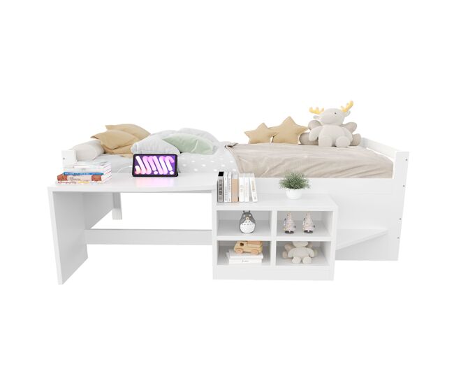 Cama infantil 90x200 cm - con almacenamiento, escritorio con enchufes, cama individual, madera, blanca