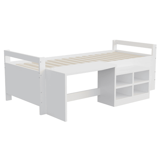 Cama infantil 90x200 cm - Com arrumação, secretária com tomadas, cama individual, madeira, branca