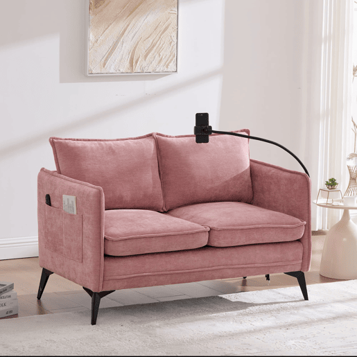 Sofá pequeno de 2 lugares - com arrumação, bolso lateral e suporte móvel ajustável - Rosa
