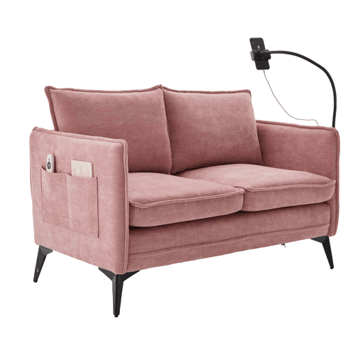 Sofá pequeno de 2 lugares - com arrumação, bolso lateral e suporte móvel ajustável - Rosa