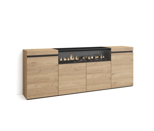 Aparadores para salón | gran capacidad de almacenaje | 200x75x35cm | 4 puertas | chimenea eléctrica | estilo moderno | roble y negro