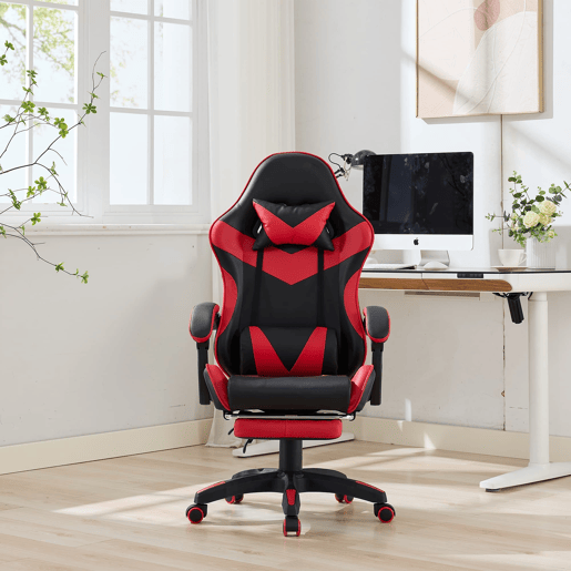 Cadeira gaming ergonómica - Giratória 360° com apoio para os pés e suporte lombar - Preto e vermelho